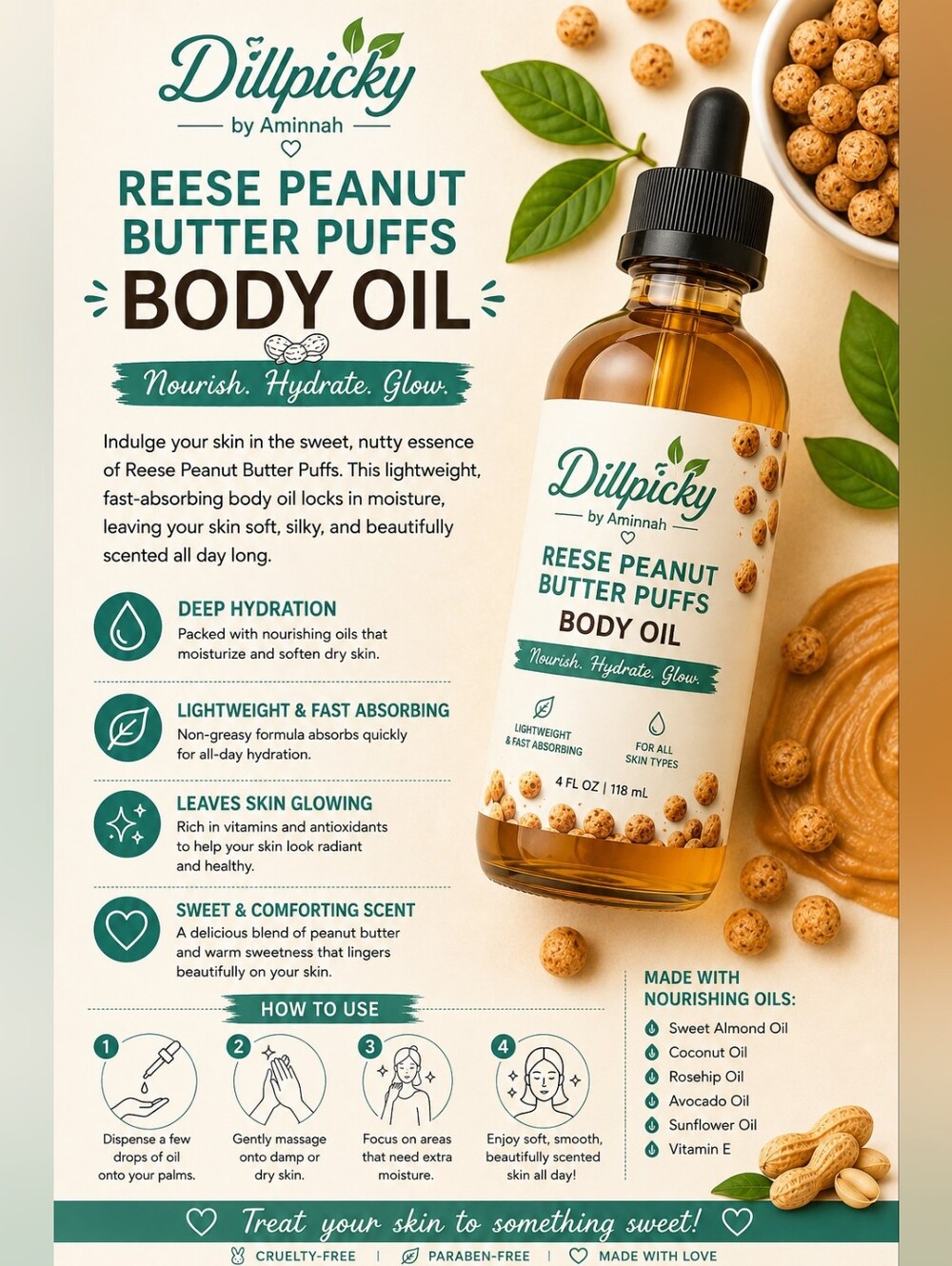 Dillpicky By Aminnah 4oz Reese Peanut Butter Puffs Body Oil Nourishing Body Oil